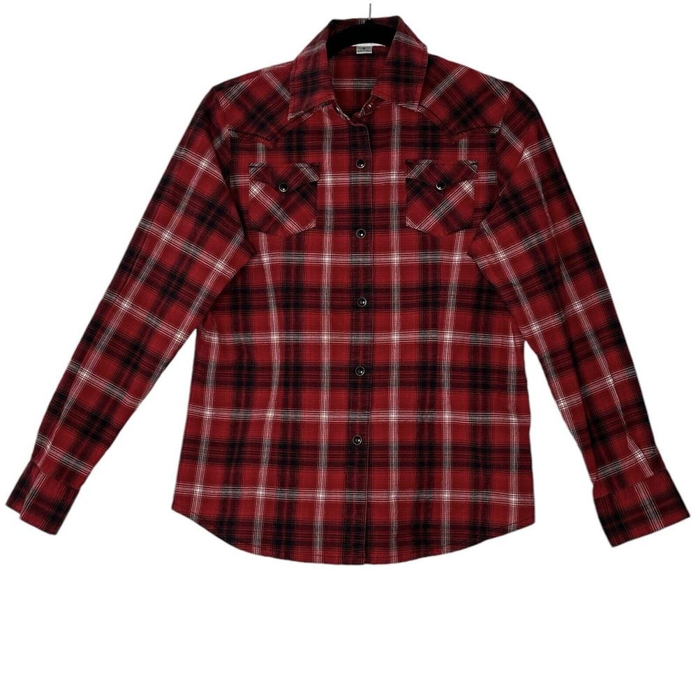 Pendleton Top Women Small Red Plaid Shirt Button Up Rodeo Cowgirl Stretch